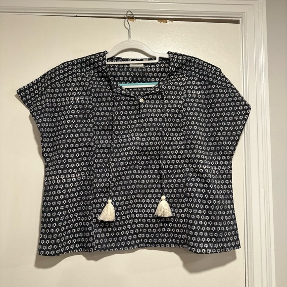 Women L/XL Cotton Boxy Lightweight navy blue Repeat Oval Abstract Pattern Blouse - Picture 8 of 15